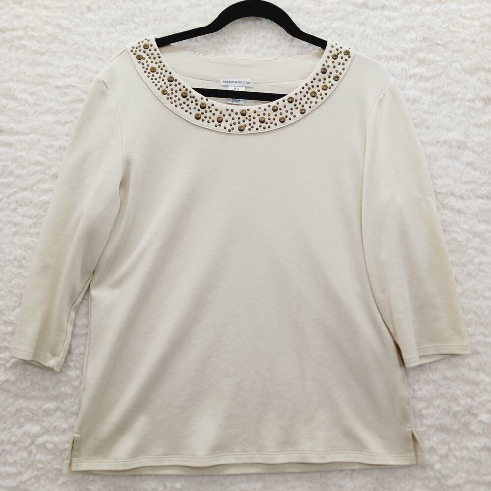 Blouse Brass Studs Beige Knit Top Scoop Neck Long Sleeve Office Siren Size M
